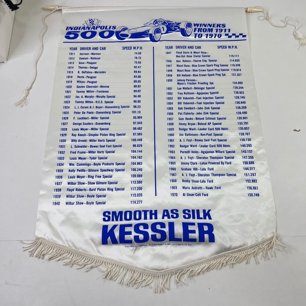 Vintage Indianapolis 500 Winners 1911-1970 Kessler Whiskey Satin Banner Pennant